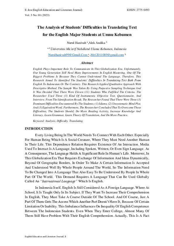 (PDF) The Analysis of Students' Difficulties in Translating Text for ...