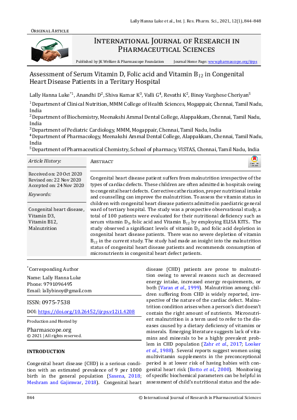 (PDF) Assessment of Serum Vitamin D, Folic acid and Vitamin B12 in ...