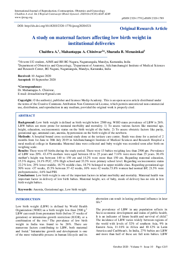 (PDF) A study on maternal factors affecting low birth weight in ...