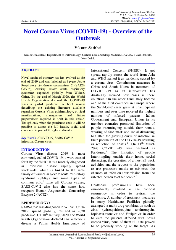 (PDF) Novel Corona Virus (COVID-19) - Overview of the outbreak