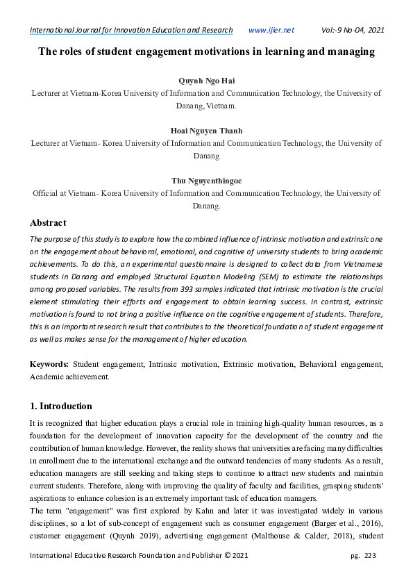 (PDF) The roles of student engagement motivations in learning and managing