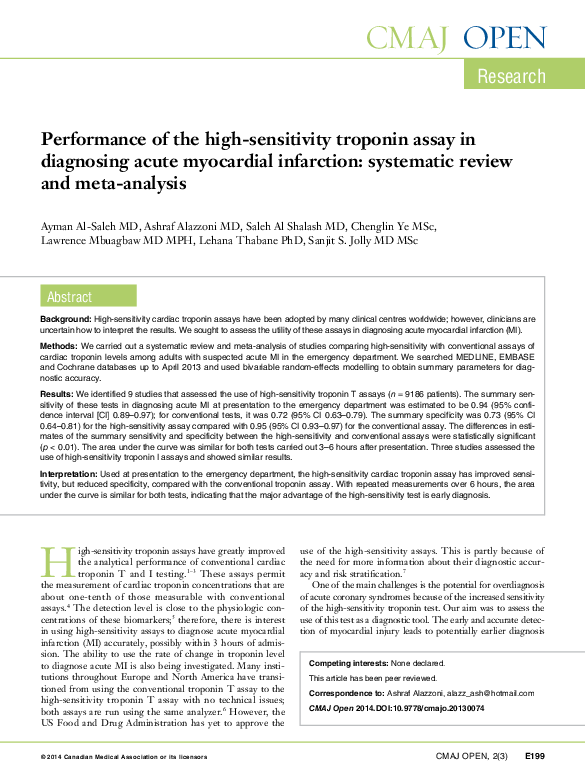 (PDF) Performance of the high-sensitivity troponin assay in diagnosing ...