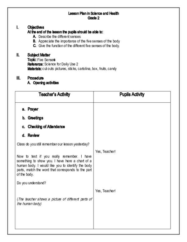 (DOC) Lesson Plan in Science and Health Grade 2 Jeneveve Dicdican Academia.edu