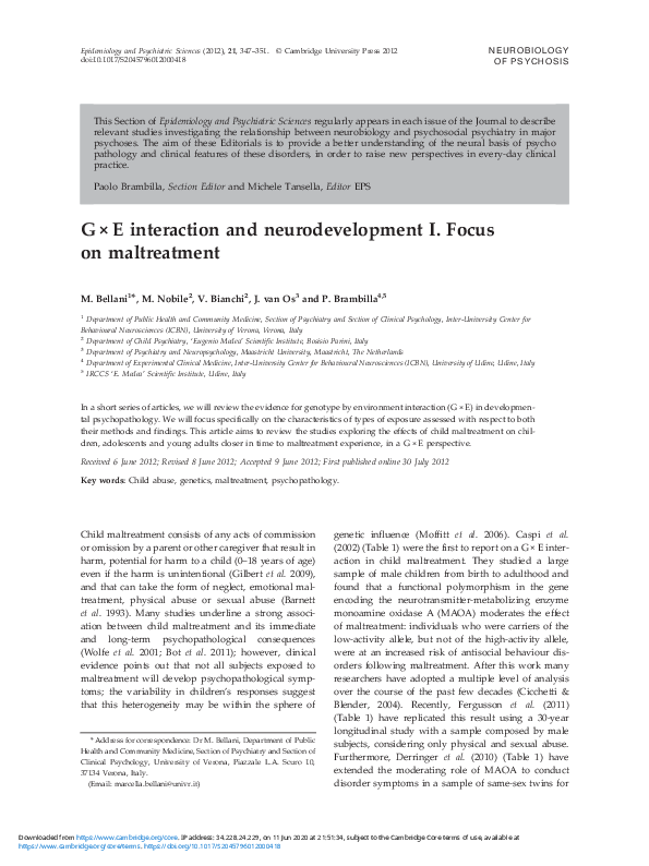 (PDF) G × E interaction and neurodevelopment I. Focus on maltreatment