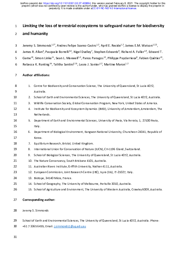 (PDF) Limiting the loss of terrestrial ecosystems to safeguard nature ...