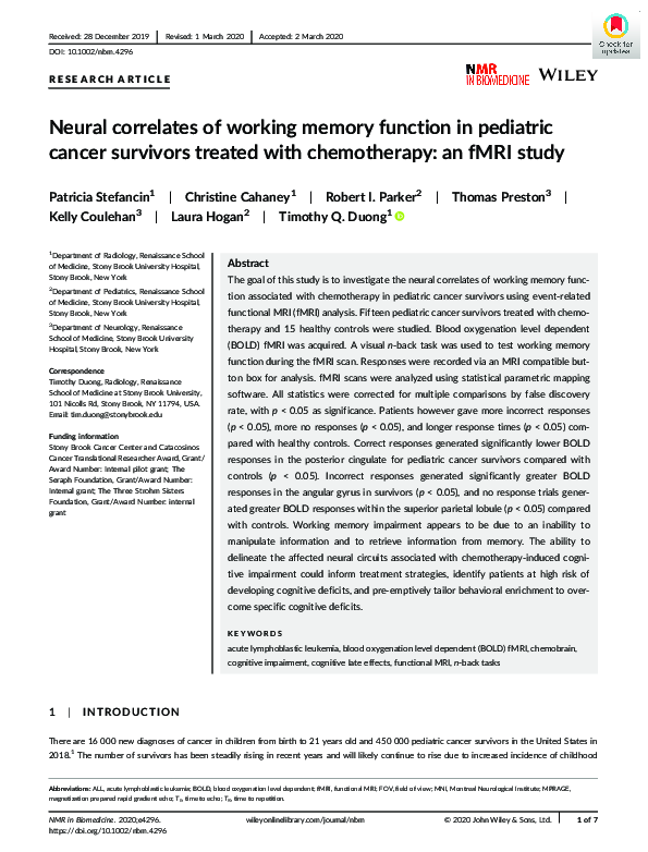 (PDF) Neural correlates of working memory function in pediatric cancer ...