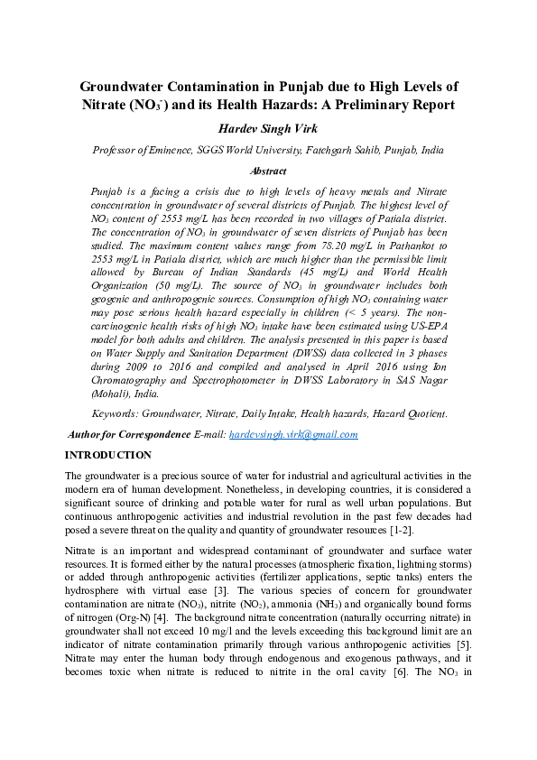 (DOC) Groundwater Contamination in Punjab due to High Levels of Nitrate ...