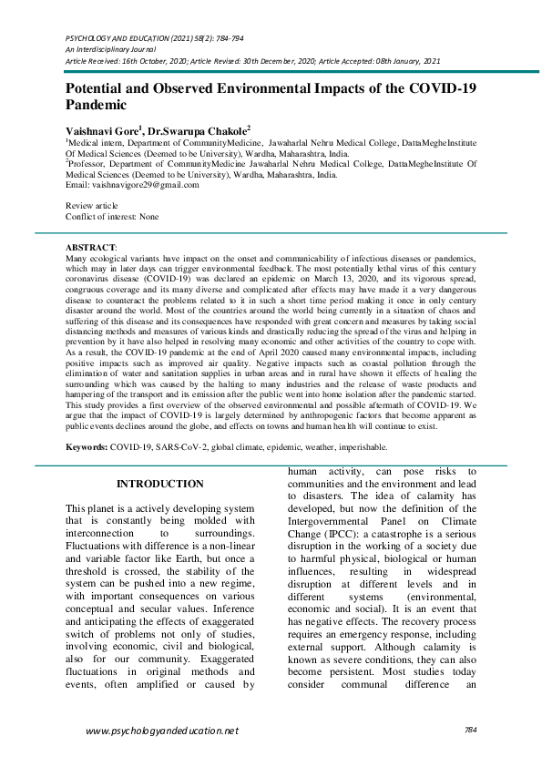 (PDF) Potential and Observed Environmental Impacts of the COVID-19 Pandemic