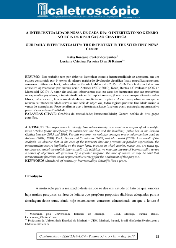 (PDF) A intertextualidade nossa de cada dia: o intertexto no gênero ...