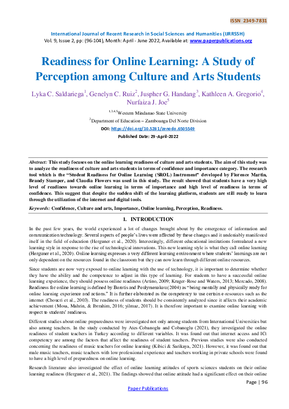 (PDF) Readiness for Online Learning: A Study of Perception among ...