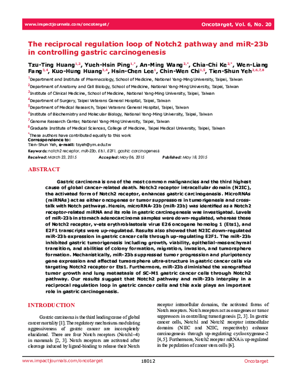 (PDF) The reciprocal regulation loop of Notch2 pathway and miR-23b in ...