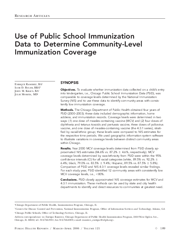 (PDF) Use of public school immunization data to determine community ...