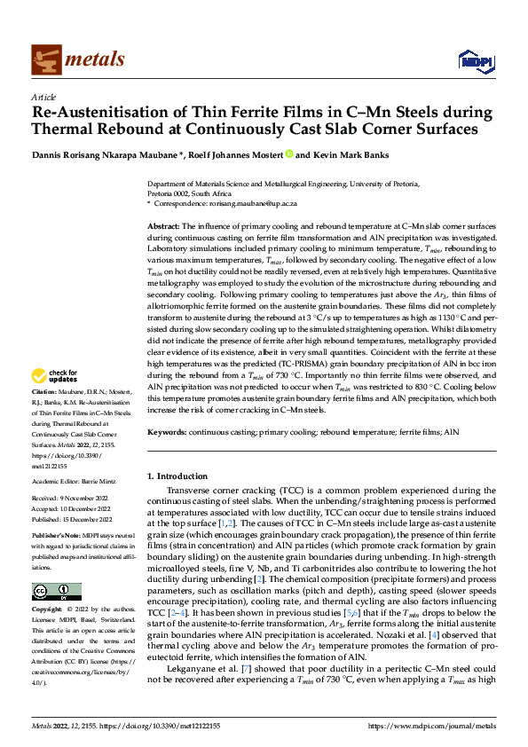 (PDF) Re-Austenitisation of Thin Ferrite Films in C–Mn Steels during ...