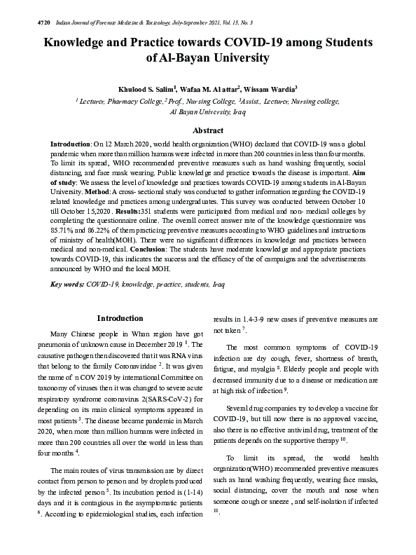 (PDF) Knowledge and Practice towards COVID-19 among Students of Al ...