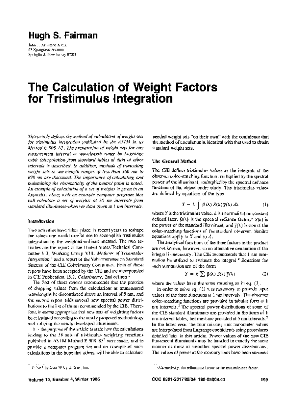 (PDF) The calculation of weight factors for tristimulus integration