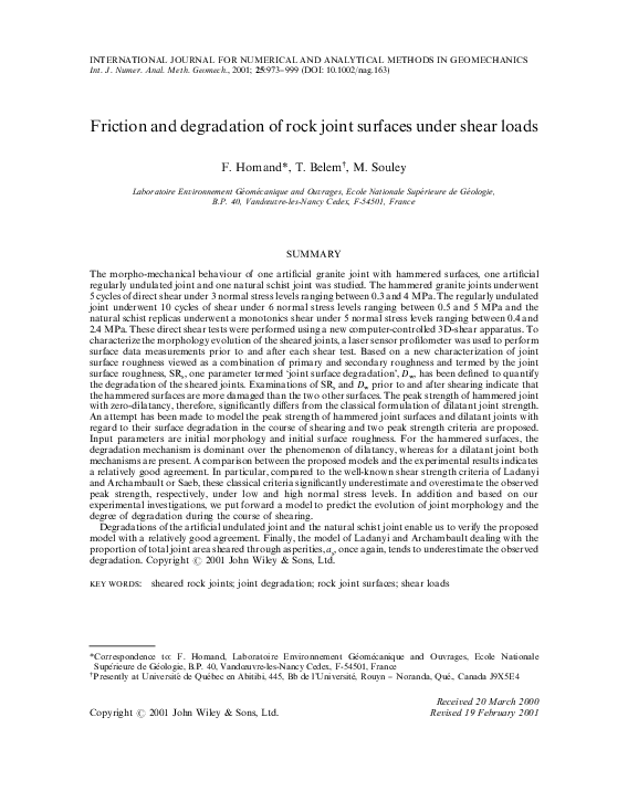 (PDF) Friction and degradation of rock joint surfaces under shear loads