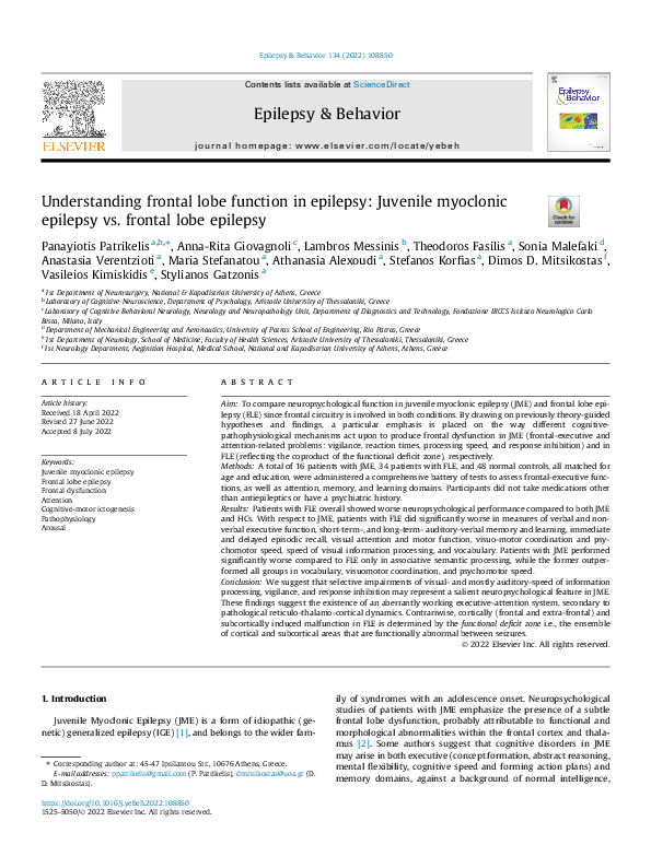 (PDF) Understanding frontal lobe function in epilepsy: Juvenile ...