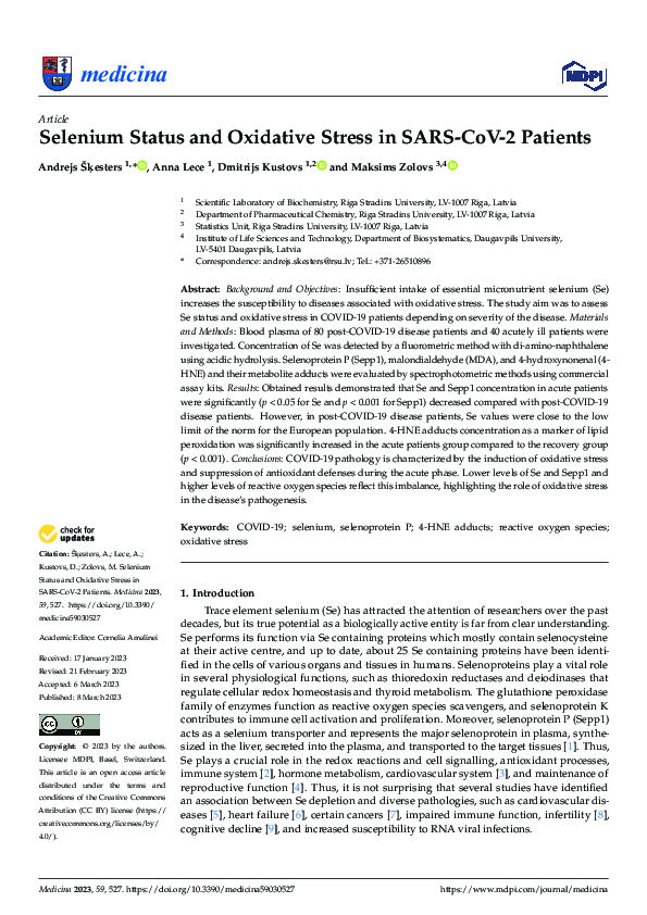 (PDF) Selenium Status and Oxidative Stress in SARS-CoV-2 Patients