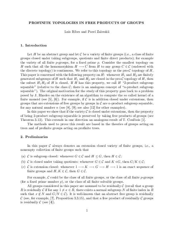 (PDF) Profinite Topologies in Free Products of Groups