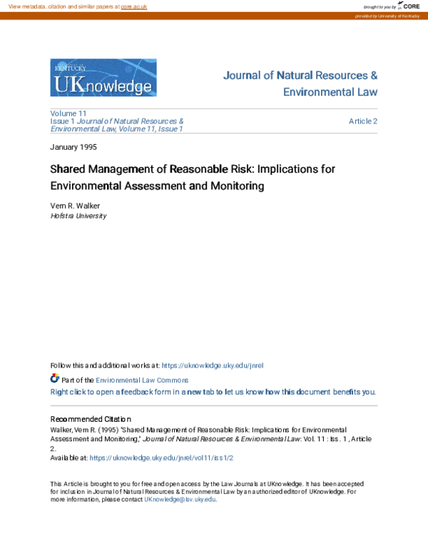 (PDF) Shared Management of Reasonable Risk: Implications for ...