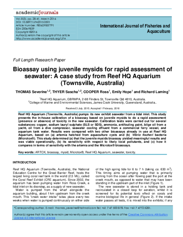 (PDF) Bioassay using juvenile mysids for rapid assessment of seawater ...