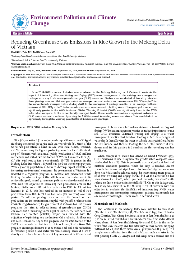 (PDF) Reducing Greenhouse Gas Emissions in Rice Grown in the Mekong ...