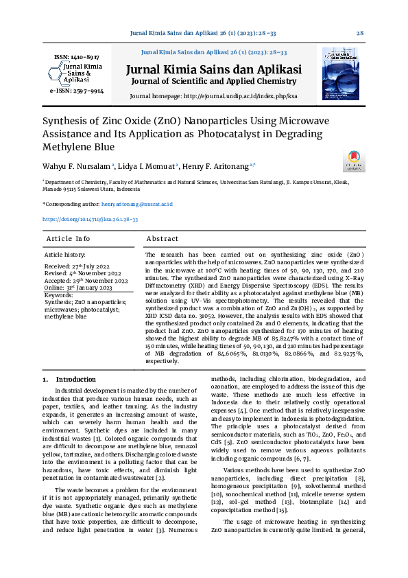 (PDF) Synthesis of Zinc Oxide (ZnO) Nanoparticles Using Microwave ...