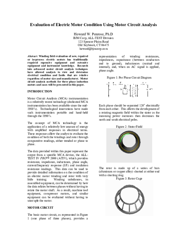 (PDF) Evaluation of electric motor condition using motor circuit analysis Howard Penrose