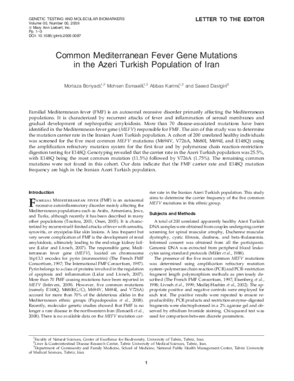 (PDF) Common Mediterranean Fever Gene Mutations in the Azeri Turkish ...