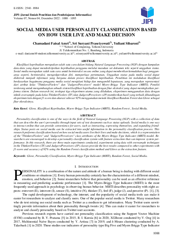 (PDF) Social Media User Personality Classification Based on How User ...