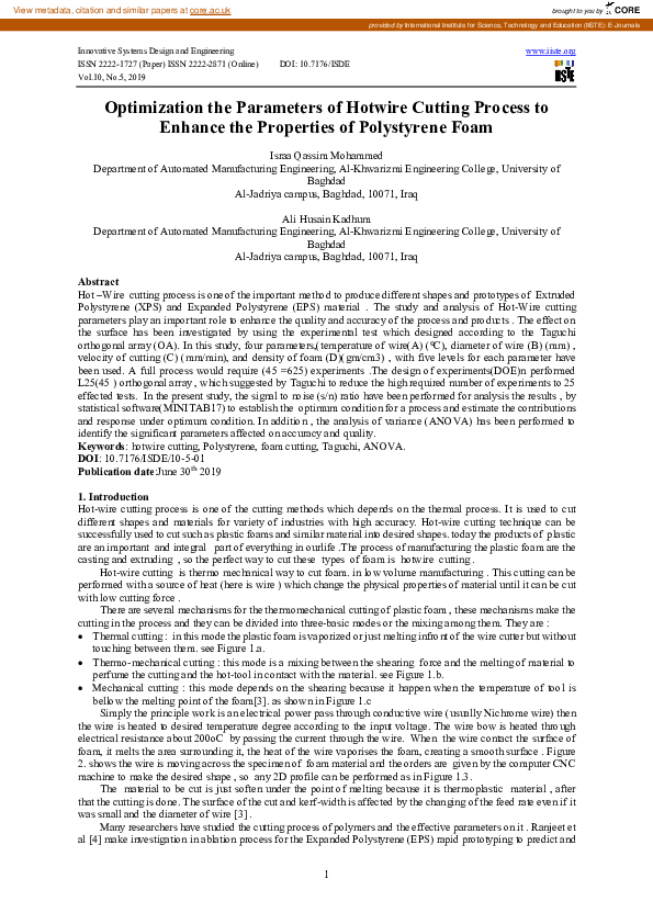(PDF) Optimization the Parameters of Hotwire Cutting Process to Enhance ...