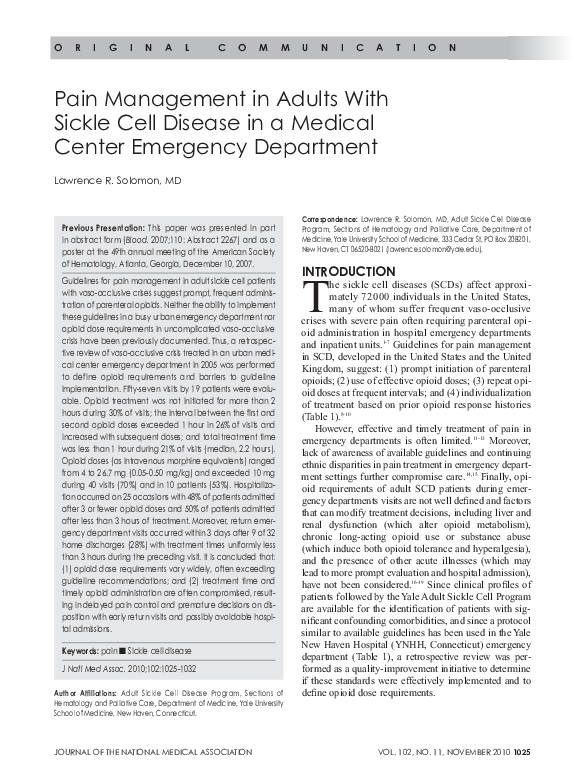 (PDF) Pain Management in Adults With Sickle Cell Disease in a Medical ...