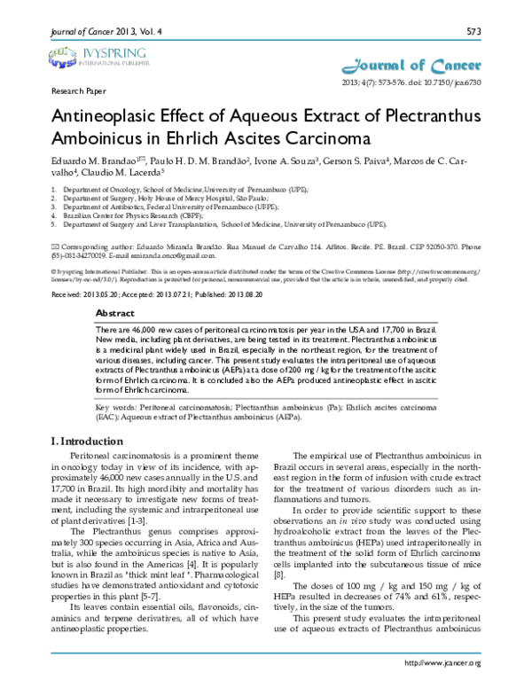 (PDF) Antineoplasic Effect of Aqueous Extract of Plectranthus ...