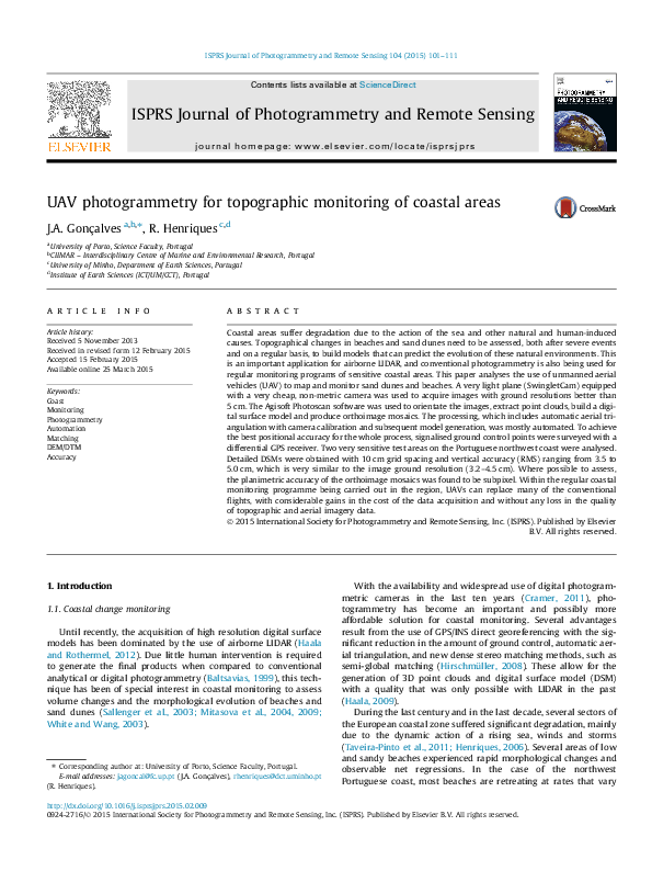 (PDF) UAV photogrammetry for topographic monitoring of coastal areas