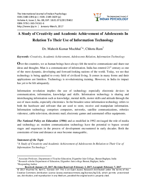 (PDF) A Study of Creativity and Academic Achievement of Adolescents In ...
