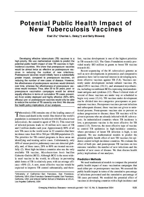 (PDF) Potential Public Health Impact of New Tuberculosis Vaccines