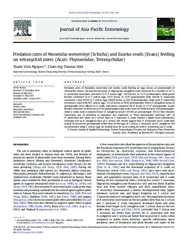 (PDF) Predation rates of Neoseiulus womersleyi (Schicha) and Euseius ...
