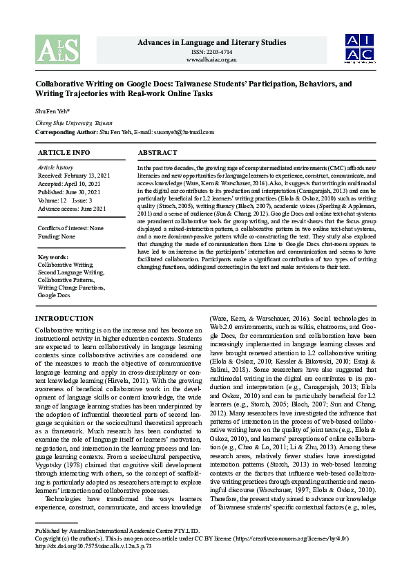 (PDF) Collaborative Writing on Google Docs: Taiwanese Students ...