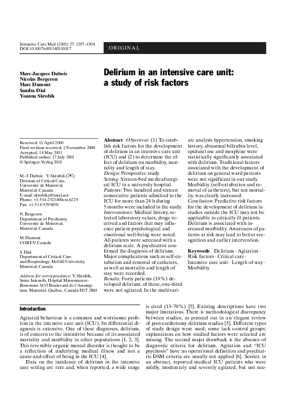 (PDF) Delirium in an intensive care unit: a study of risk factors