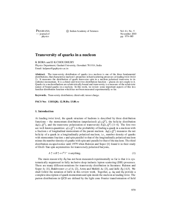 (PDF) Transversity of quarks in a nucleon
