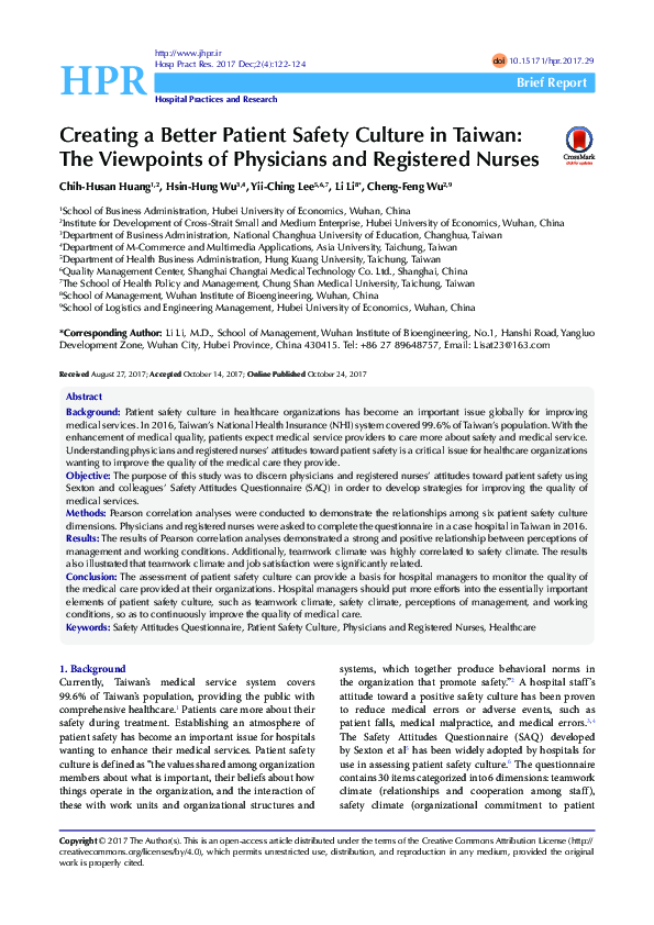 (PDF) Creating a Better Patient Safety Culture in Taiwan: The ...