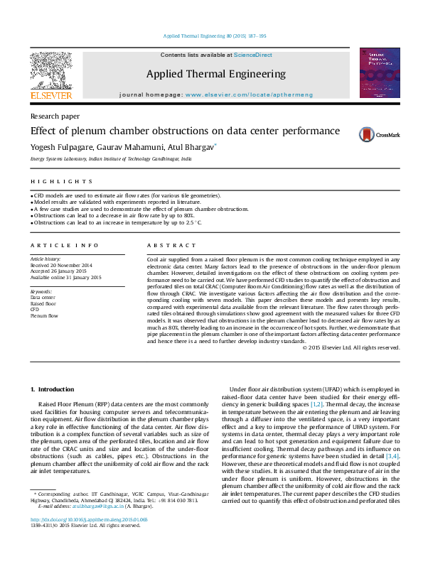 (PDF) Effect of plenum chamber obstructions on data center performance