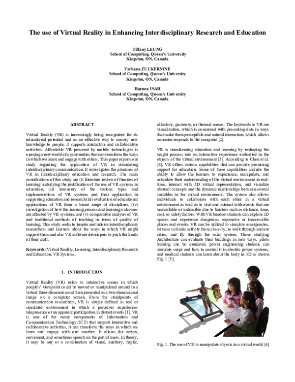 (PDF) The use of Virtual Reality in Enhancing Interdisciplinary ...
