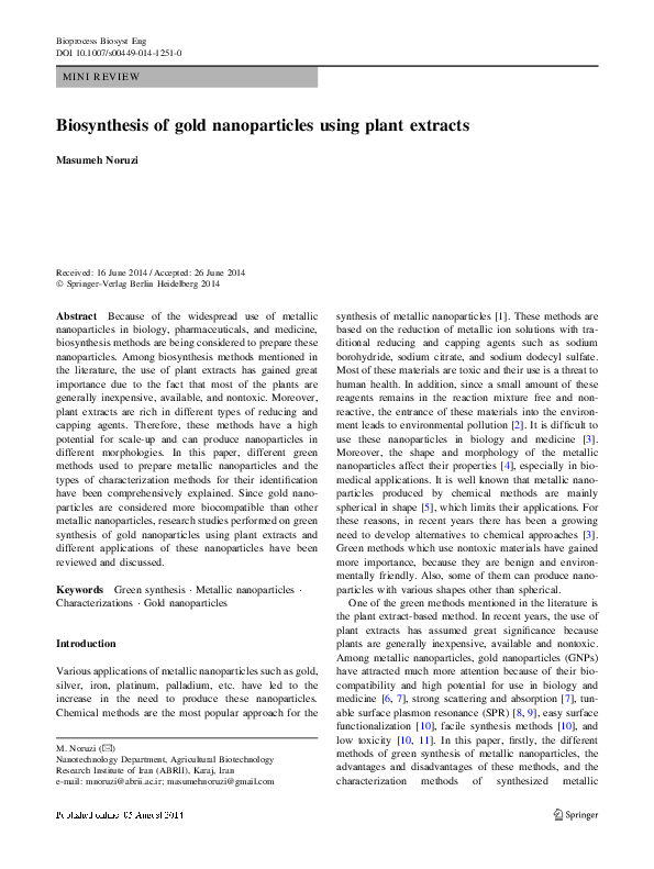 (PDF) Biosynthesis of gold nanoparticles using plant extracts