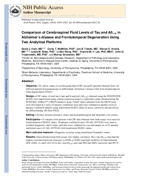 (PDF) Comparison of Cerebrospinal Fluid Levels of Tau and Aβ 1-42 in ...