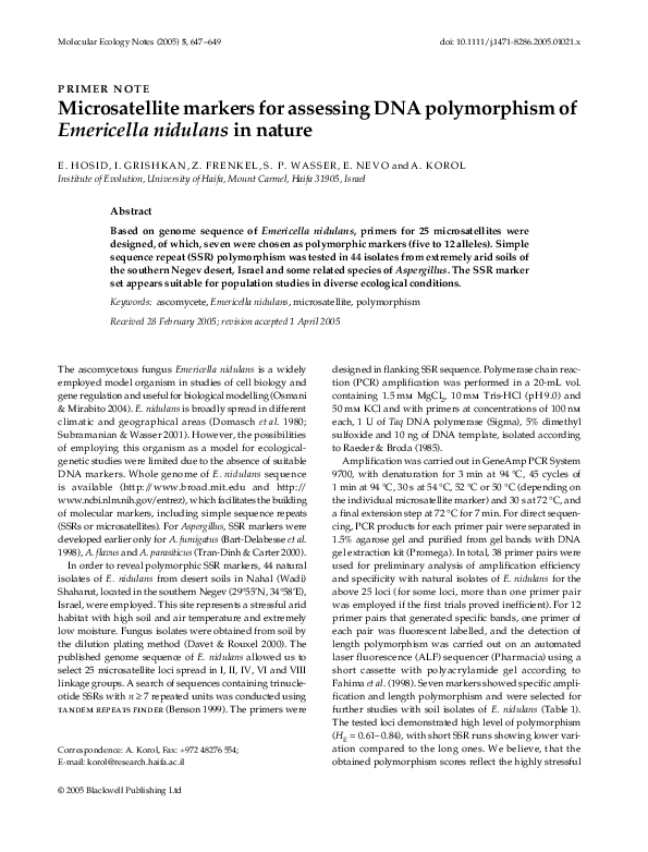 Microsatellite markers for assessing DNA polymorphism of Emericella nidulans in nature