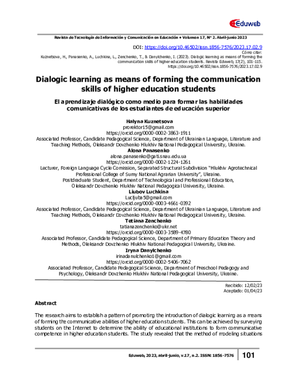 (PDF) Dialogic learning as means of forming the communication skills of ...