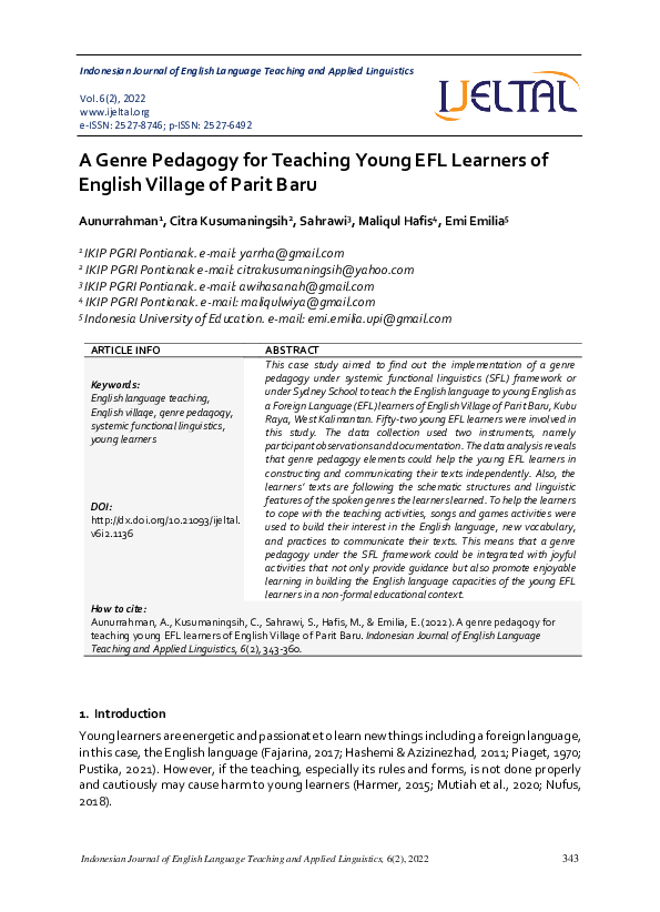 (PDF) A Genre Pedagogy for Teaching Young EFL Learners of English ...