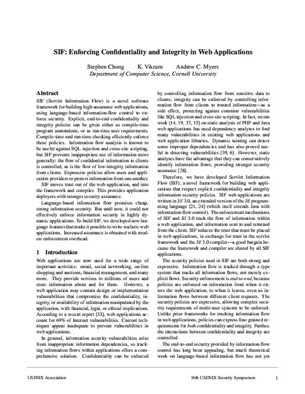 (PDF) SIF: Enforcing Confidentiality and Integrity In Web Applications