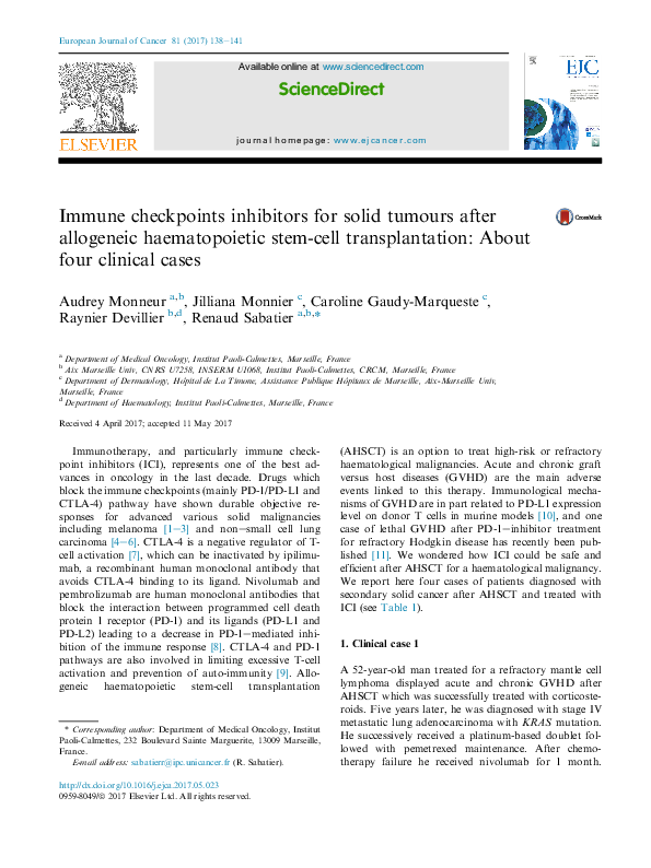 (PDF) Immune checkpoints inhibitors for solid tumours after allogeneic ...